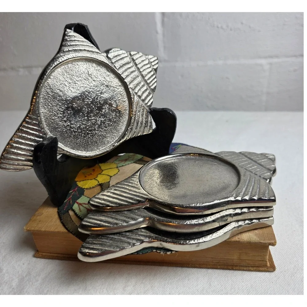 Tommy Bahama Silver Conch Shell Metal Coasters Set of 4 Nautical Coastal Beach